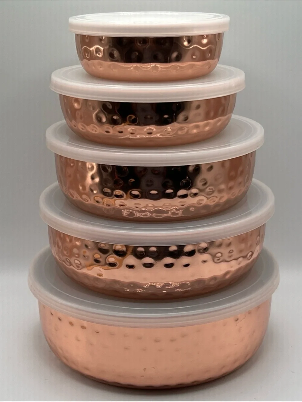 5 Piece Hammered Copper Plated Stainless Steel Stackable Storage Bowl Set Lids